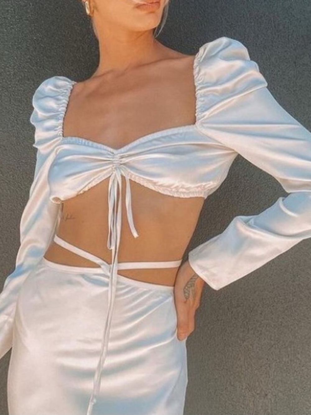 Jagger & Stone Ivory Satin Puff Sleeve Ruched Crop Top Size 8